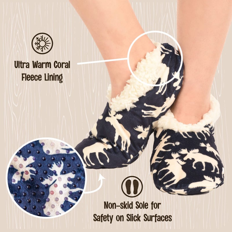 Lazy One Fuzzy Feet Slippers for Women, Cute Fleece-Lined House Slippers, Moose, Blue, Non-Skid - Image 4